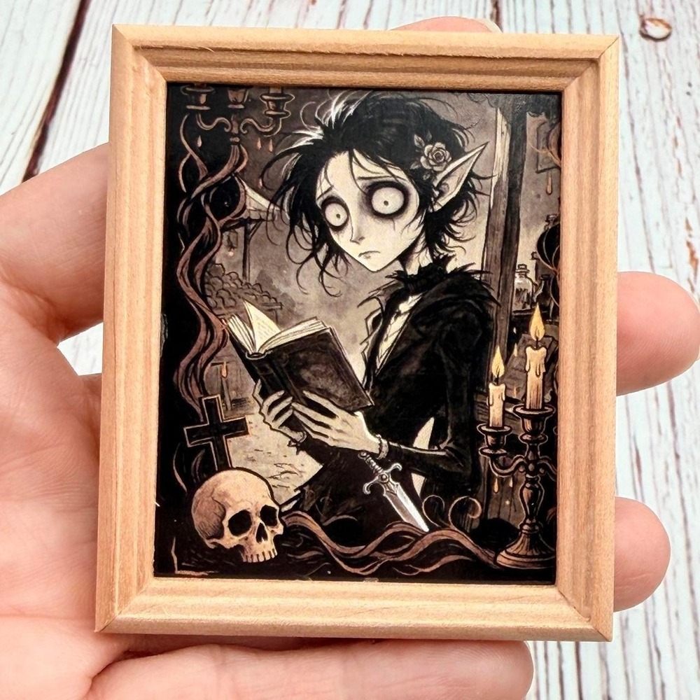 Gothic Art Magnet Upcycled Wood Frame Hand Crafted Dark Academia Character Skull